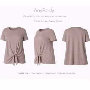 AnyBody Cozy Knit Slub Tie Front Tee Smokey Taupe Short Sleeve Plus Size 3X